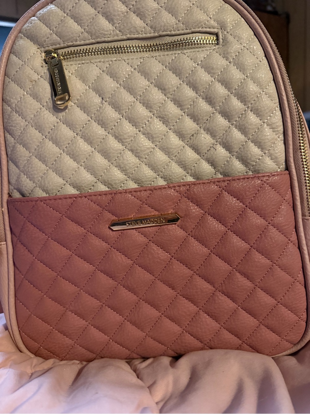 Steve Madden Quilted Two-Tone Backpack — Rose and Cream